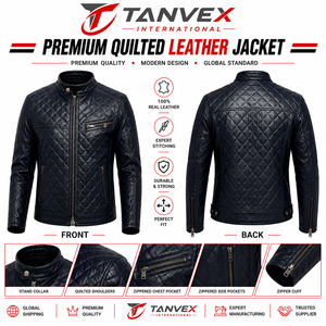 Chaqueta de Cuero para Hombre TANVEX, Corte Entallado, Estilo Ejecutivo, Color Negro, Cuello Alto, Ecológica, Estilo Motero, con Cierre y Bolsillos Delanteros - Product Image 2