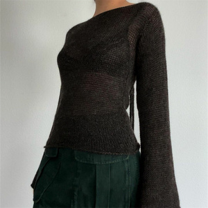 Y2K 2023 เสื้อแขนยาวผู้หญิงคอปาดสีดำโครเชต์แบบสวมลำลองไซส์ M - Product Image 1