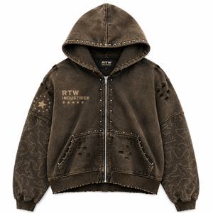 RTW Industries <b>Men's</b> Oversized <b>Hooded</b> Zip-Up <b>Denim</b> <b>Jacket</b> Camouflage Print Streetwear Style Stonewashed Brown - Product Image 1