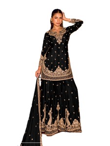 Salwar Kameez semi-cousu en soie chinon noire pour femme, broderie dorée, longueur ras du sol, tenue de mariage traditionnelle style Inde Pakistan - Product Image 4