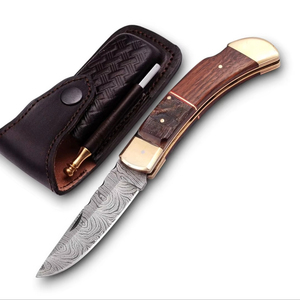 มีดพับทำมือจากเหล็กดามัสกัส ใบมีดทรงดรอปพอยต์ คุณภาพสูง สำหรับตั้งแคมป์ ด้ามทำจากเขาสัตว์และไม้พะยูง รับผลิตแบบ OEM/ODM - Product Image 1