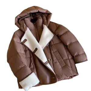 Chaqueta de plumón de pato blanco para mujer, chaqueta acolchada con capucha y cuello levantado suelto, Parkas de cuero PU de lana de cordero para mujer, prendas de vestir - Product Image 1