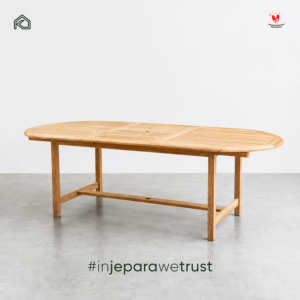 Table de salle à manger extérieure en teck massif de style scandinave moderne, plateau ovale à lattes, fabrication artisanale, écologique, appartement, hôtel, 6 places - Product Image 1