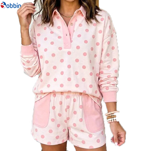 Outfit Hot Selling Polka Dot Polo Collar 2 Piece Set Custom Streetwear Contrast Color Sports <b>Top</b> patched Pocket Shorts Short Set - Product Image 2
