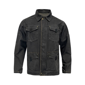 Chaqueta de Mezclilla Oscura para Hombre, Estilo Workwear, Cuello Camisero, Cierre de Cremallera, Múltiples Bolsillos, Material de Algodón, Ropa de Otoño - Product Image 1