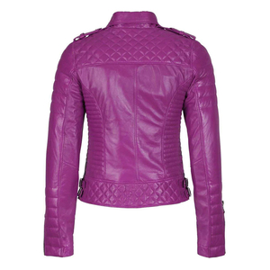 Chaqueta de Motociclista de Cuero Sintético Morado para Mujer, Estilo Acolchado, Cierre de Cremallera, Manga Larga, para Otoño - Product Image 4