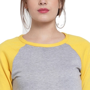 Sudadera de Mujer con Mangas Raglán Grises y Amarillas, Cuello Redondo, Informal, de Punto, Mezcla de Algodón, Manga Larga, Color Sólido, para Otoño - Product Image 6