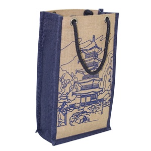 Sac de courses en jute réutilisable avec logo personnalisé, poignée en corde, laminé PP, pour mariage, plage, sac fourre-tout pour deux bouteilles - Product Image 2