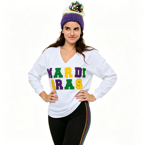 Camiseta de manga corta con cuello redondo para mujer, estilo Mardi Gras, con estampado en relieve, de algodón, casual, de corte regular, blanca, bordada, estilo urbano, de verano, color liso. - Product Image 1