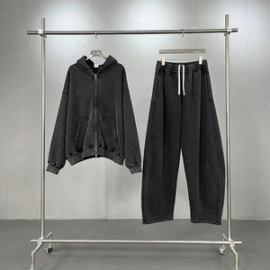 Acid Washed Oversized Zip-Up Hoodie Tracksuit Set Heavyweight Fleece Vintage Plain <b>Men</b> Sweatsuit Wholesale - Product Image 3