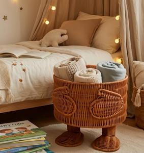 Panier tressé fait main avec pieds, joli bac de rangement avec couvercle, poubelle Kawaii, décoration de chambre d'enfant, cadeau de pendaison de crémaillère - Product Image 2