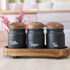 Juego de recipientes de cocina con acabado mate, tapa de madera y bandeja, elegante organizador de encimera para café, azúcar, té y despensa. - Product Image 1