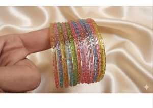 Premium Raindrop <b>Glass</b> <b>Bangles</b> For Girls- Transparent Golden Dotted Texture Unique Style Available In 25 Colors In Best Quality - Product Image 4