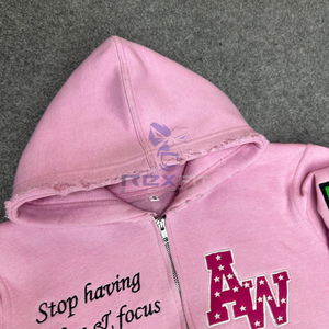 Prefect Cutting Sport Edition Zipper Distressed Hoodie Rhinestone Zip up Jacket Acid Wash  Men Fleece Streetwear Hoodie - Product Image 6