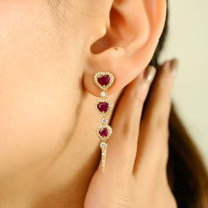 New Arrivals Top Grade Quality Ruby & Diamond Real K18 Yellow <b>Gold</b> Trio Heart Long <b>Dangle</b> <b>Earrings</b> Valentine's Day Gift Jewelry - Product Image 6