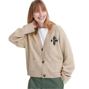 เสื้อคาร์ดิแกนถักสีเบจสำหรับผู้หญิง คอวี แขนยาว สีพื้น ติดกระดุมด้านหน้า สไตล์ลำลอง ผ้าไม่เป็นขุย ทรงปกติ - Product Image 1