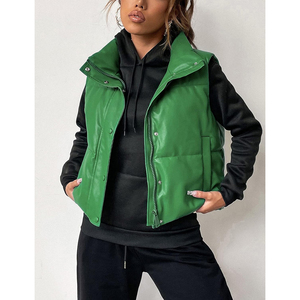 High Quality Women's Stand Collar Puffer Vest Solid Green Zipper Closure Casual Outerwear <b>Short</b> Length Polyester Filling - Product Image 3