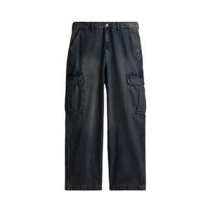 Men's Black Stonewashed Denim Cargo Pants High Waist Multiple Pockets Workwear Style Cotton <b>Canvas</b> Breathable Autumn Wear - Product Image 2