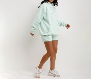 Ensemble de shorts de sport à capuche longs en tissu éponge uni pour femmes, manches longues, antibactérien, polyester/coton, coupe ample décontractée, printemps été - Product Image 4