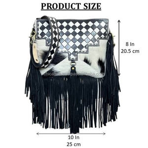 Latest Trending Designer 2025 Checkered Design Luxury <b>Fringe</b> Handbag Hand Tooled Leather Genuine Cowhide Leather Shoulder Bags - Product Image 2