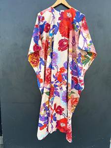 Robe kaftan ample à manches 3/4 pour femmes, 100% coton, imprimé floral, dentelle, lavable - Product Image 5