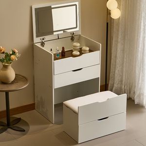 3-in-1 Small Vanity Desk Set Visible Glass Tabletop 3 Drawers for Apartment Features LED Mirror Lights Storage Bench 3 Colors - Product Image 4