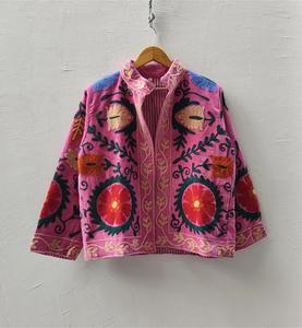 Vintage Pink <b>Velvet</b> Embroidered <b>Jacket</b> With Floral Pattern Full Sleeve Stand Collar Handmade <b>Women's</b> Winter Outerwear - Product Image 4