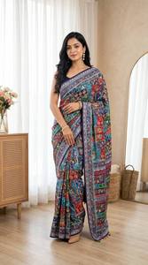 Sari de Seda Azul con Diseño Floral Clásico, Hecho a Mano, con Bordado de Espejo y Ribete, Reversible, Largo hasta el Tobillo, Vestido Tradicional para Mujer - Product Image 2