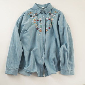 Women's Single-Breasted <b>Top</b> Embroidered Washed Denim Long-Sleeved Shirt Fashion - Product Image 5