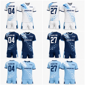 ชุดเสื้อฟุตบอลแบบสั่งทำพร้อมตราสัญลักษณ์ทอเอง ผ้าโพลีเอสเตอร์แห้งเร็วแบบตาข่าย คอเสื้อและปลายแขนเสื้อแบบตัดกัน ขายส่ง OEM รับผลิตตามแบบส่วนตัว - Product Image 1