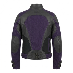 Blouson de moto en jean violet pour homme, style vintage avec empiècements en cuir, col montant, fermeture éclair asymétrique, veste de motard - Product Image 2