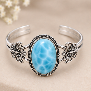 Larimar <b>Silver</b> Bangle, Natural Larimar Gemstone <b>Bracelet</b>, <b>925</b> <b>Sterling</b> <b>Silver</b> Cuff, Blue Stone Statement Jewelry, Boho Artisan - Product Image 2