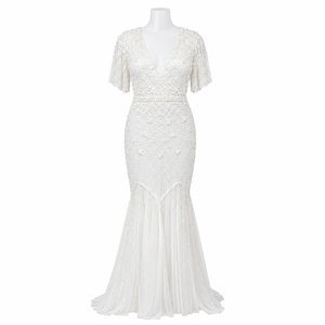 Luxury Pearl Embellished Mermaid Bridal Gown Elegant White V Neck Wedding Dress Premium Lace Beaded Formal Evening Maxi Dress - Product Image 1