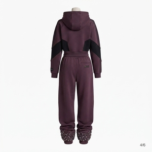 <b>Women</b> Two Piece Zip Up Hooded Tracksuit Set Color Block Crop Hoodie Wide Leg <b>Jogger</b> Pants Rhinestone Detail - Product Image 3