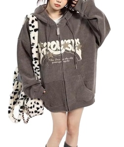Sudadera extragrande personalizada para mujer con estampado de letras brillantes, bolsillo frontal con cremallera, manga larga, de algodón tejido digital - Product Image 6