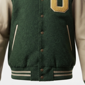 <b>Men's</b> Green Varsity <b>Jacket</b> With Cream Leather Sleeves Embroidered <b>Letter</b> Logo Turn-down Collar Autumn Preppy Style - Product Image 5