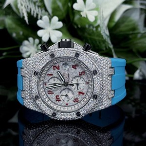 Iced Out Moissanite Quartz <b>Watch</b> Stainless Steel Chronograph Analog Dial Rubber Strap Diamond Look Business Party - Product Image 1