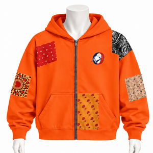<b>Orange</b> Tapestry Patchwork Zip Up <b>Hoodie</b> Oversized Full Zipper Hooded Sweatshirt Printed Patch Casual Streetwear Jacket Unisex - Product Image 1