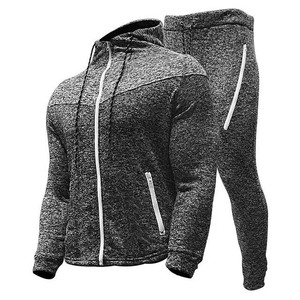 Survêtement gris à capuche pour homme, fermeture éclair intégrale, couleur unie, coupe sportive, polyester et coton, pour l'automne, avec poches latérales - Product Image 4
