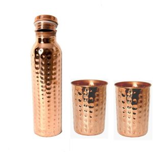 Bouteille d'eau en cuivre avec couvercle, finition martelée, ensemble de vaisselle portable, design traditionnel, usage domestique - Product Image 1