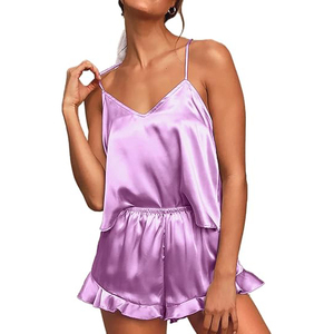 Ensemble de pyjama en satin, col en V, sans manches, short, vêtements de nuit, couleur unie, violet, vêtements de nuit d'été, taille élastique lisse - Product Image 1