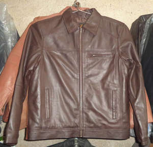 Veste en cuir véritable pour homme de haute qualité, col rond, fermeture éclair, vente en gros, tissu toile, offre ODM - Product Image 3