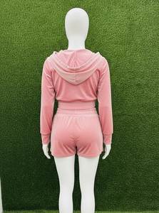 Ensemble 2 pièces en velours rose pour femme, respirant, streetwear, crop top à capuche avec fermeture éclair, short au-dessus du genou, décontracté, printemps-été - Product Image 6