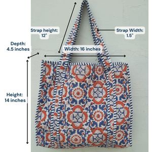 Bolsa de Mano de Algodón con Estampado Artesanal Bohemio y Panel Bordado en Azul, Rojo y Blanco, Bolsa de Compras Abierta para Todas las Temporadas - Product Image 2
