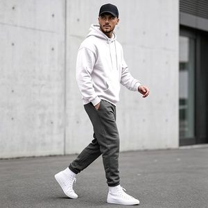 Sweat-shirt à capuche blanc pour homme, coupe classique, en molleton de coton, couleur unie, tricoté, avec poches, idéal pour l'automne - Product Image 5