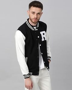 <b>Men's</b> Black <b>White</b> Varsity <b>Jacket</b> Letter R Print Preppy Style Regular Fit Polyester Material Turn-down Collar Single Button - Product Image 4