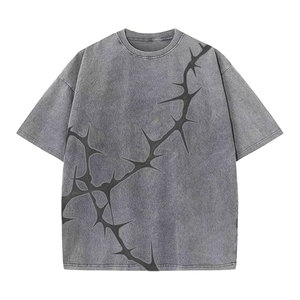 Camiseta Oversize de Algodón Gris con Estampado de Espinas Negras, Estilo Urbano, Manga Corta, Cuello Redondo, para Hombre - Product Image 1