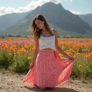 กระโปรงแฟชั่นลำลองสำหรับเด็กผู้หญิงสีชมพูพีชลายเรขาคณิตผ้าคอตตอนดีไซน์ซิกแซกระบายอากาศได้ดี100% - Product Image 3