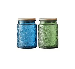 Magnifique pot en verre rond transparent avec couvercle en bois massif, design fleurs bleues, pot décoratif en verre - Product Image 3