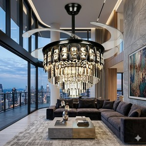 LED <b>Ceiling</b> Fan Crystal Chandelier <b>Remote</b> <b>Control</b> Luxury Invisible Silent Motor Black <b>Lighting</b> Fix Modern Retractable Blade - Product Image 4